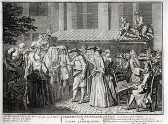 Matrimonio ebraico nella comunità ebraica tedesca, incisione da "Illustration de ceremonies et customs religieuses de tous les peuples du monde" di Bernard Picart (1723-1743)