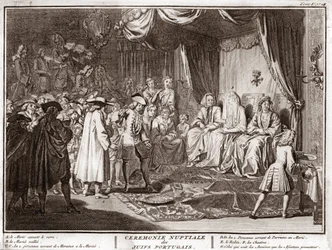 Matrimonio ebraico nella comunità ebraica portoghese, incisione da "Illustration de ceremonies et customs religieuses de tous les peuples du monde" di Bernard Picart (1723-1743)