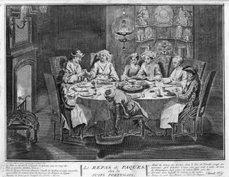 Giudaismo: Festa di Pasqua (o Pesach) nella comunità ebraica portoghese. Incisione da "Illustrazione delle cerimonie e dei costumi religiosi di tutti i popoli del mondo" di Bernard Picart (1723-1743) 1819 Collezione privata