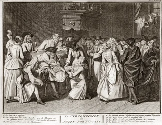 Cerimonia della circoncisione nella comunità ebraica portoghese, incisione da "Illustration de ceremonies et customs religieuses de tous les peuples du monde" di Bernard Picart (1723-1743)