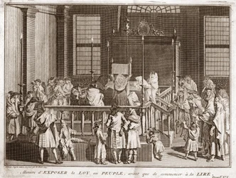 Ebraismo: esposizione della Torah in una sinagoga prima della lettura) Incisione da "Illustrazione di cerimonie e costumi religiosi di tutti i popoli del mondo" di Bernard Picart (1723-1743) 1819 Collezione privata