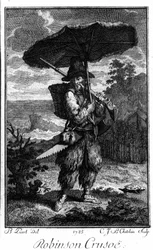 Rappresentazione di Robinson Crusoe sulla sua isola deserta. Incisione di Bernard Picart (1673-1733) che illustra il romanzo di Daniel Defoe (1660-1731)