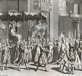 Solenne Inaugurazione del Pontificato: il rogo di un panno) Incisione da "Illustrazione di cerimonie e costumi religiosi di tutti i popoli del mondo" di Bernard Picart (1723-1743) 1819 Collezione privata