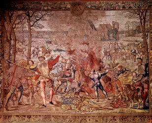 Le cacce di Massimiliano: il mese di gennaio, Acquario, caccia al cinghiale, flambee, curee - Arazzo realizzato nei laboratori fiamminghi da Bernard van Orley