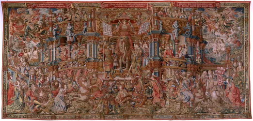 Arazzo fiammingo. Serie Gli Onori. Fama (La Fama). Terzo arazzo della serie. Modello Cartonisti del circolo di Bernard van Orley e Jan Gossaert (Mabuse). Manifattura Pieter van Aelst, Bruxelles. Ca 1550. Tessuto Oro, argento, seta e lana.
