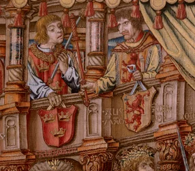 Serie Gli onori. Onore. Secondo arazzo della serie. Modello Cartonisti del circolo di Bernard van Orley e Jan Gossaert (Mabuse). Manifattura Pieter van Aelst, Bruxelles. Ca 1550