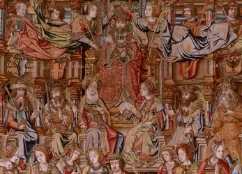 Arazzo fiammingo. Serie Gli Onori. Onore. Secondo arazzo della serie. Modello Cartonisti del circolo di Bernard van Orley e Jan Gossaert (Mabuse). Manifattura Pieter van Aelst, Bruxelles. Ca 1550. Tessuto Oro, argento, seta e lana.