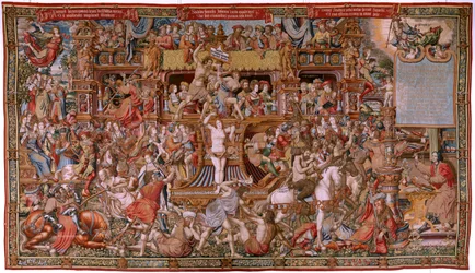 Serie Gli onori. Infamia. Sesto arazzo della serie. Modello Cartonisti del circolo di Bernard van Orley e Jan Gossaert (Mabuse). Manifattura Pieter van Aelst, Bruxelles. Ca 1550