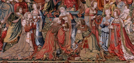 Arazzo fiammingo. Serie Gli Onori. Giustizia. Nono arazzo della serie. Modello Cartonisti del circolo di Bernard van Orley e Jan Gossaert (Mabuse). Manifattura Pieter van Aelst, Bruxelles. Ca 1550. Tessuto Oro, argento, seta e lana.