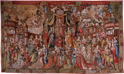 Arazzo fiammingo. Serie Gli Onori. Giustizia (La Justicia, Los Honores). Nono arazzo della serie. Modello Cartonisti del circolo di Bernard van Orley e Jan Gossaert (Mabuse). Manifattura Pieter van Aelst, Bruxelles. Ca 1550. Tessuto Oro, argento,