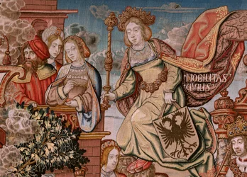 Serie Gli onori. Nobiltà. Quarto arazzo della serie. Modello Cartonisti del circolo di Bernard van Orley e Jan Gossaert (Mabuse). Manifattura Pieter van Aelst, Bruxelles. Ca 1550
