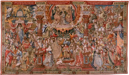 Arazzo fiammingo. Serie Gli Onori. Nobiltà. Quarto arazzo della serie. Modello Cartonisti del circolo di Bernard van Orley e Jan Gossaert (Mabuse). Manifattura Pieter van Aelst, Bruxelles. Ca 1550. Tessuto Oro, argento, seta e lana.