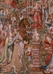 Serie Gli Onori. Prudenza. Settimo arazzo della serie. Modello di cartoni animati dal circolo di Bernard van Orley e Jan Gossaert (Mabuse). Manifattura Pieter van Aelst, Bruxelles. Ca 1550.