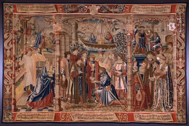 Arazzo fiammingo. Serie La Leggenda della Madonna del Sablon. La statua della Madonna viene portata alla chiesa di Sablon.