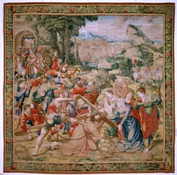 Arazzo fiammingo. Serie La Passione di Cristo. Caduta sulla via del Calvario. Secondo arazzo della serie. Modelli Cartonista Bernard van Orley. Manifattura Pieter de Pannemaker, Bruxelles. Ca 1518-1523. Tessuto Oro, argento, seta e lana.