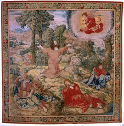 Arazzo fiammingo. Serie La passione di Cristo (De vierkante passie). Cristo nel Monte degli Ulivi (Christus in de Hof van Olijven). Manifattura Pieter de Pannemaeker, Bruxelles. Cartonista Barend van Orley. Ca 1518-1522.