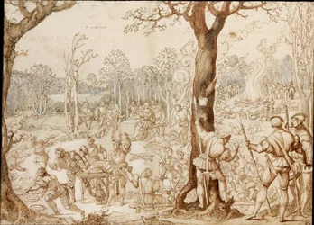 Condivisione del gioco (scena di banchetto nella foresta, durante una giornata di caccia)