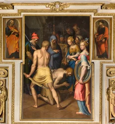 Cappella della Madonna del Popolo, seconda campata lato nord, Decollazione del Battista 1569, Ai lati San Pietro e San Paolo 1520-30