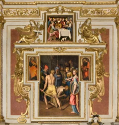 Cappella della Madonna del Popolo, seconda campata lato nord, Decollazione del Battista 1569, Ai lati San Pietro e San Paolo 1520-30, Banchetto di Erode 1569