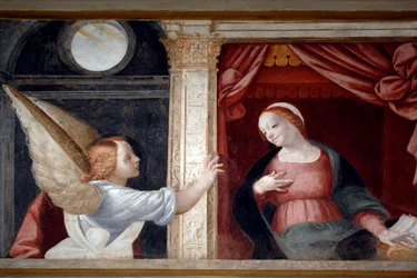 Annunciazione (dettaglio dal Ciclo della Vergine, affresco di Bernardino Lanino nella sacrestia inferiore del Duomo di Novara)