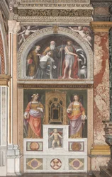 Alessandro Bentivoglio con santi e sotto Santa Rosa e Santa Giustina (affresco) (dettaglio)