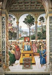 Enea Silvio Piccolomini che pronuncia un discorso davanti a Re Giacomo I di Scozia, dettaglio da Storie di Pio II