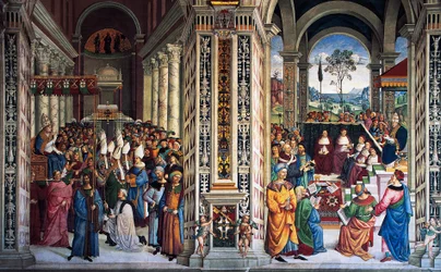 Pio II arriva ad Ancona per iniziare la crociata (XVI secolo), affresco di Pinturicchio, Biblioteca Piccolomini, Cattedrale di Siena, Toscana, Italia