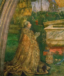 La Resurrezione. Papa Alessandro VI Borgia in ginocchio davanti a un sarcofago vuoto (dipinto murale)