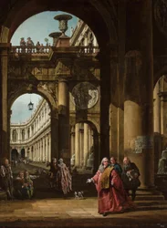 Tedesco: Fantasia architettonica con nobile veneziano Autoritratto come ambasciatore veneziano