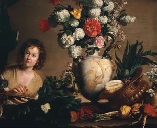 Una Natura Morta di Fiori, Frutta, Verdure e Frutti di Mare su una Mensola con una Figura che Tiene un Piatto di Ciliegie