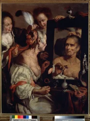 La vecchia civetta, vanitas. Dipinto di Bernardo Strozzi (1581-1644). Olio su tela
