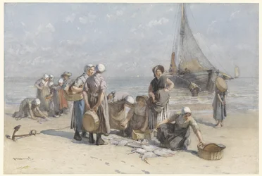 Donne di pescatori sulla spiaggia di Scheveningen