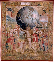 Arazzo fiammingo. Serie Le Sfere. Ercole che sostiene la sfera celeste (Hércules sostiene la esfera celeste). Primo arazzo della serie. Modello Barend van Orley o Pieter Coecke van Aelst. 1525-1530. Manifattura Joris Vezeleer (Georg Wezeler)?
