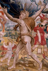 Serie Le Sfere. Ercole sostiene la sfera celeste. Primo arazzo della serie. Modello Barend van Orley o Pieter Coecke van Aelst. 1525-1530. Manifattura Joris Vezeleer (Georg Wezeler)?