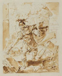 Alessandro che dà fuoco a Persepoli (penna e inchiostro marrone con lavaggio marrone su grafite su carta vergata)