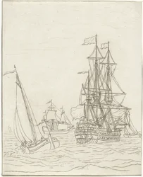 Una nave da guerra e tre velieri in alto mare