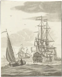 Una nave da guerra e tre velieri in alto mare