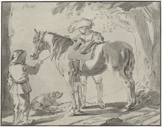 Due uomini accanto a un cavallo