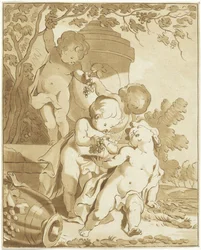 Quattro putti che raccolgono uva vicino a un vaso