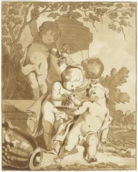 Quattro putti che raccolgono uva accanto a un vaso
