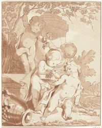 Quattro putti che raccolgono uva accanto a un vaso