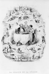 Caccia e pesca: una coppia al ristorante davanti a un piatto di pesce e carne, tutto intorno sono raffigurati i diversi modi di caccia e pesca. La Fisiologia della Gotta di Brillat - Savarin illustrata da Bertall. Parigi 1840. Jean Anthelme Brillat
