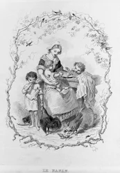 La balia: una giovane madre dà da mangiare ai suoi tre figli in "La Fisiologia del Gusto" di Brillat-Savarin illustrato da Bertal. Parigi 1840. Jean Anthelme Brillat-Savarin (1755-1826) gastronomo francese
