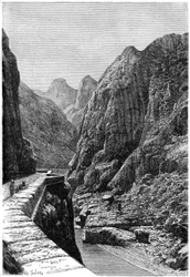 Veduta presa sulla rotta carovaniera di Shabet el Akra, Algeria, circa 1890