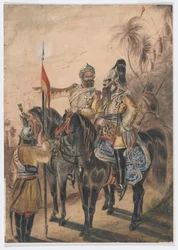 Due ufficiali a cavallo e un sowar smontato, 4° Cavalleria Irregolare del Bengala, c.1850