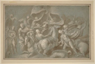 Scena di battaglia (pennello e lavaggio marrone con gouache bianca su gesso nero su carta blu)