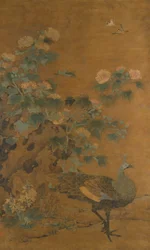 Pavone e malvarose, metà del XIV secolo
