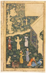 Musicisti e servitori fuori da un accampamento reale recto, c. 1485