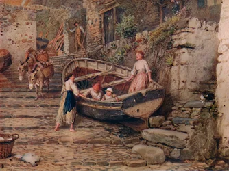 Veduta di Clovelly, con barca arenata e figure, 1882, 1935
