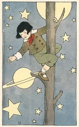 Ragazzo che si arrampica su un albero tra stelle e pianeti